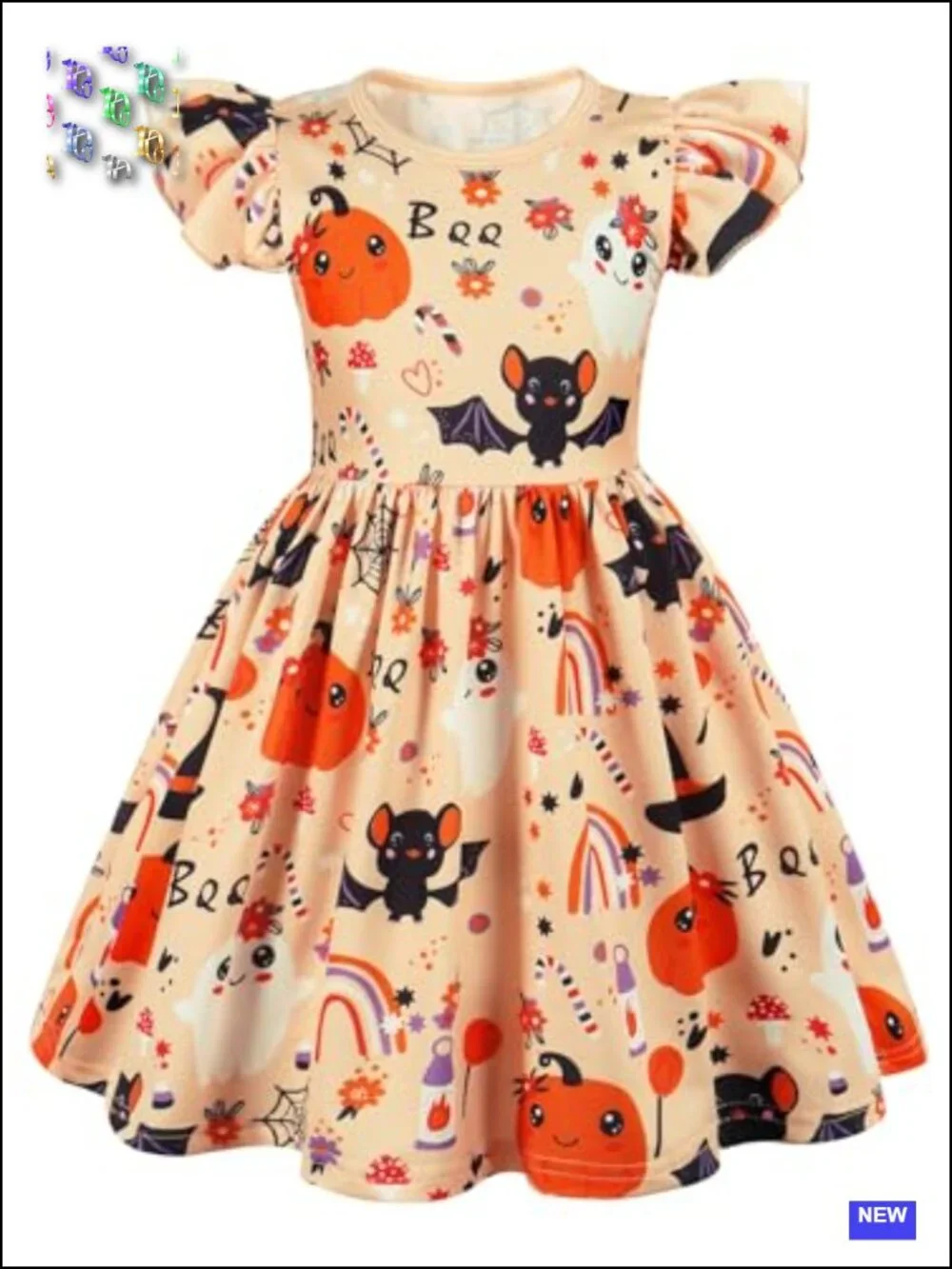 Girls Halloween A-Line Midi Sundress Cotton Flutter Sleeve Twirl Dress